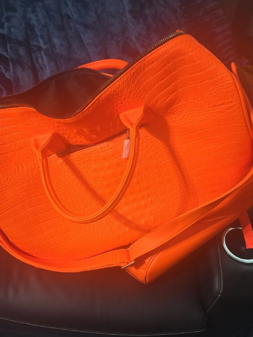 Orange Faux-Croc Tote and Travel Bag Set